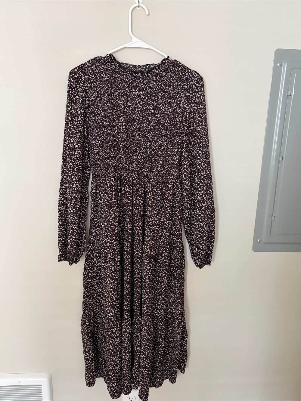 SHEIN Black Long Sleeve Floral Midi Dress